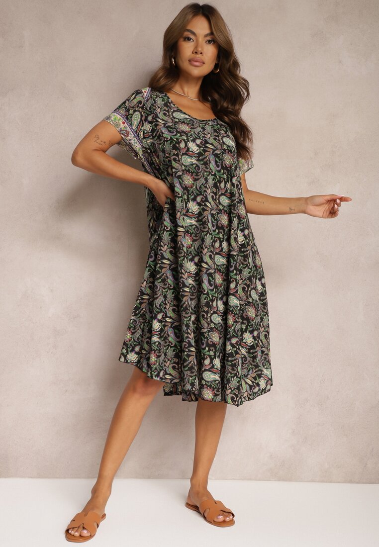 Rochie Vâscoză Negru-Verde Cloș cu Model Paisley Mastis