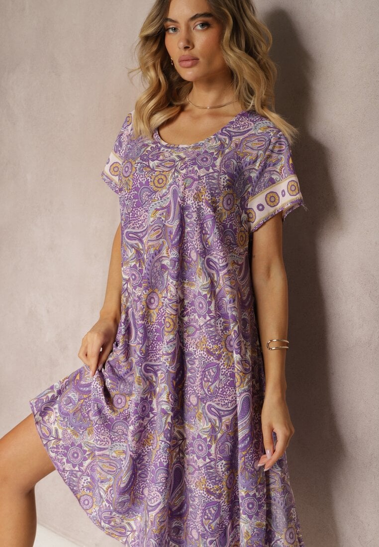 Rochie Mov Boho din Viscoză cu Curea Subțire în Talie Rivasea