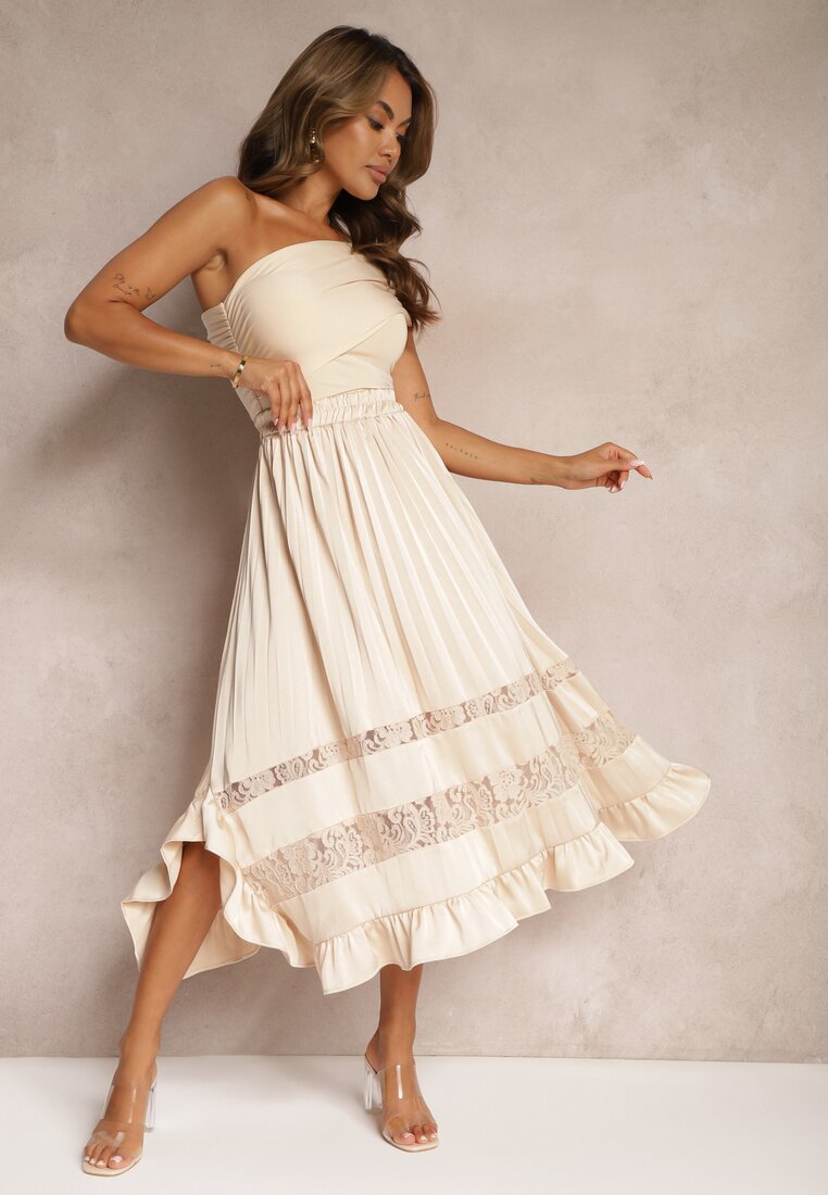 Fustă Asimetrică Plisată Bej High Waist cu elastic în talie și inserții de dantelă Reslifa