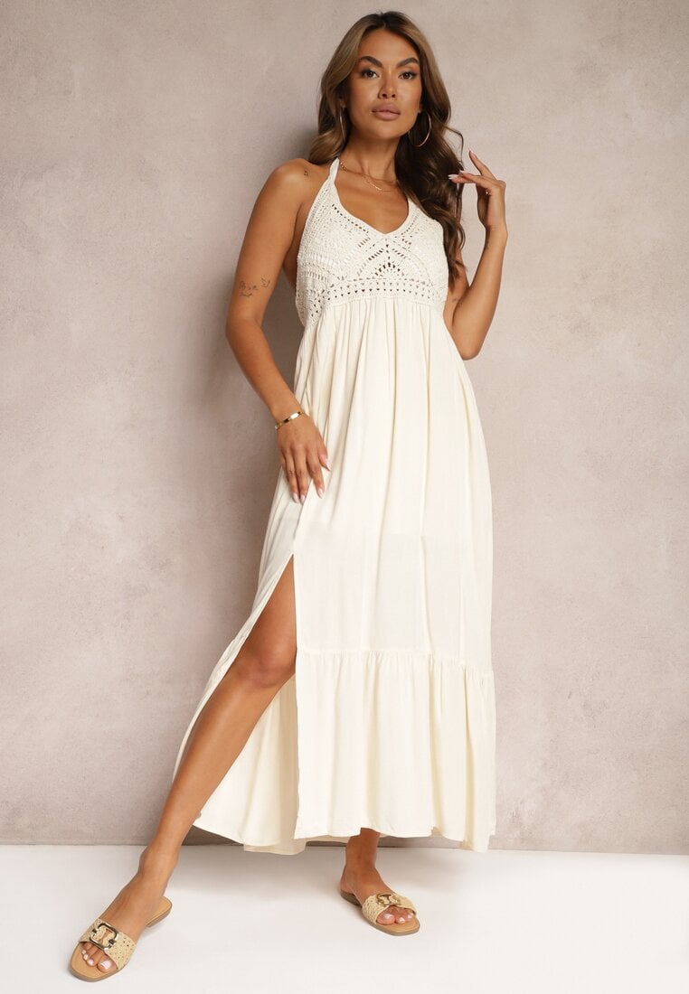 Rochie Bej din Vâscoză în Stil Boho cu Legătură la Gât Risalinda