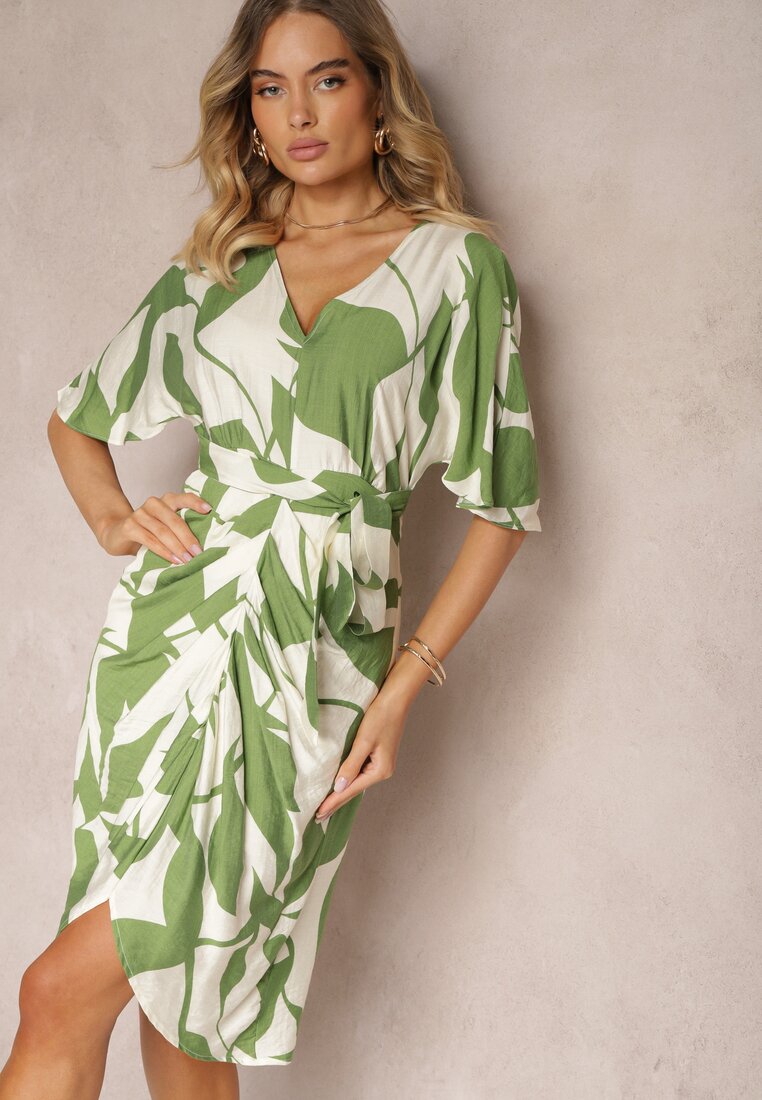 Rochie Verde cu Croială Cambrată Legată în Talie Nellsiah