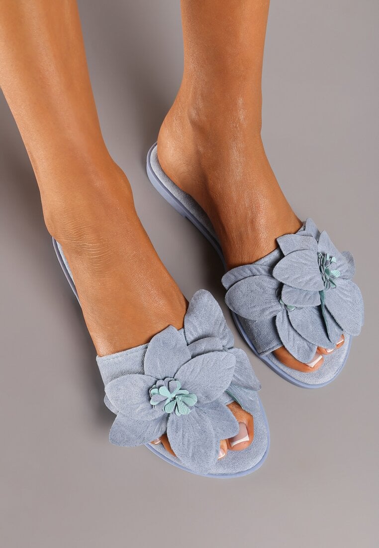 Papuci Albastre din Ecosuedă cu Talpă Plată cu Floare Decorativă Ellesara