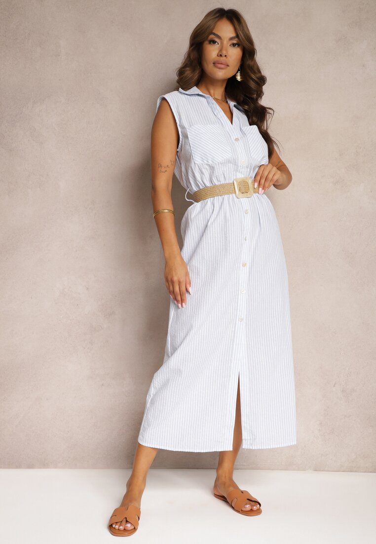 Rochie cămașă Albastră din Bumbac Fără Mâneci cu Centură și Elastic în Talie Zalorea