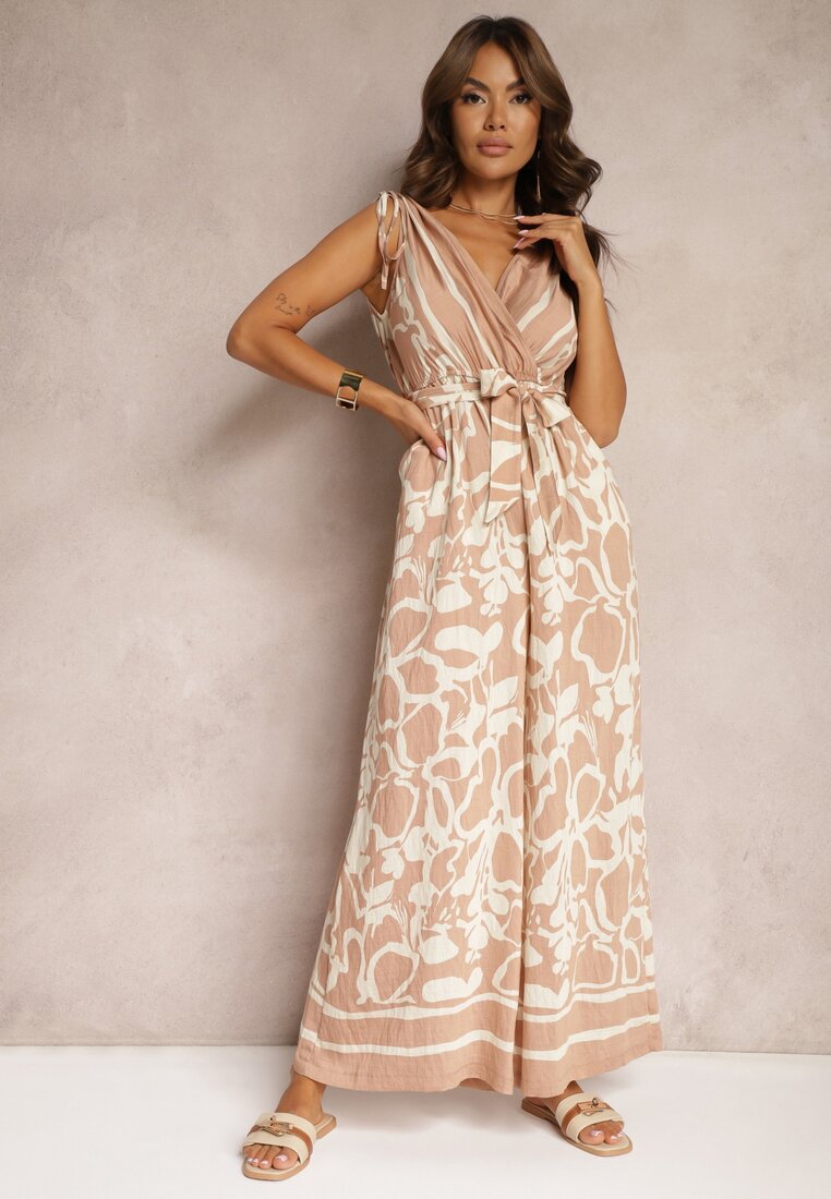 Salopetă Bej cu adaos de Viscoză, cu curea în talie și decolteu petrecut Paratia