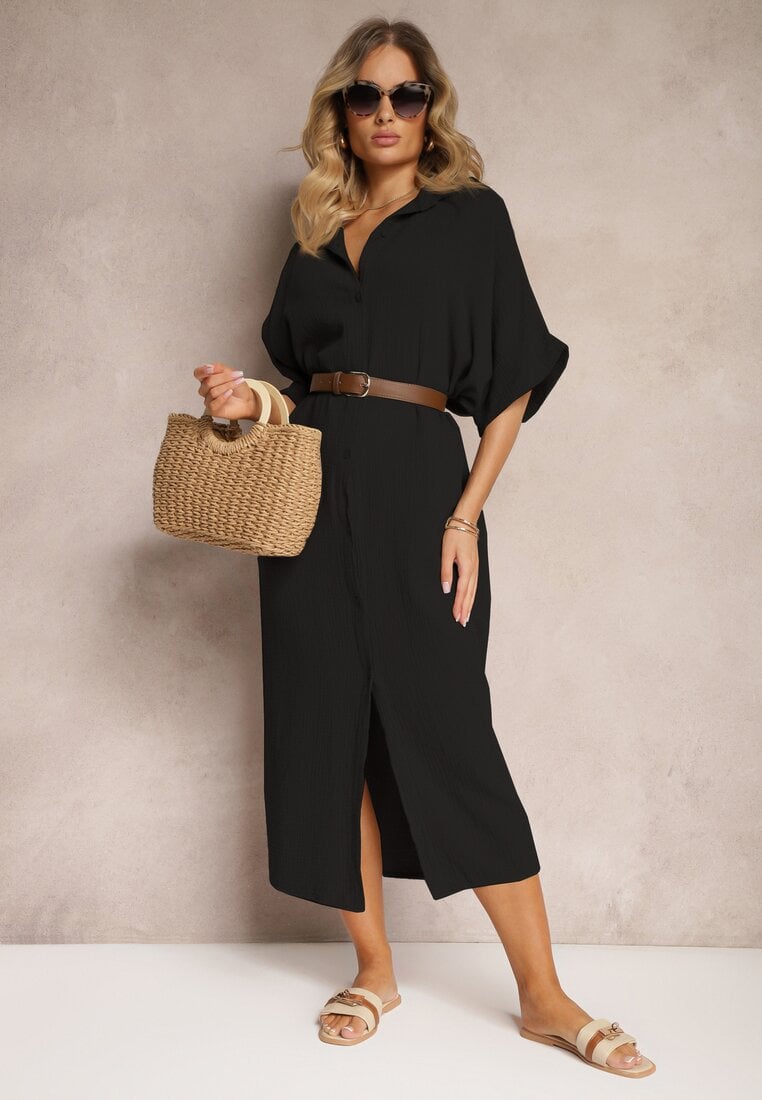 Rochie neagră de muselină din bumbac cu croială tip cutie Vimarille