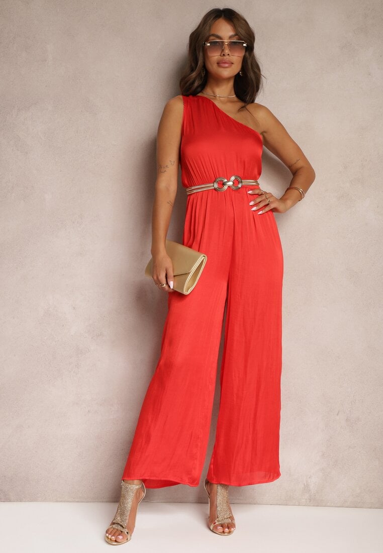 Salopetă Roșie De cocktail Pe un umăr Cu pantaloni largi Și cu elastic în talie Vimalitas