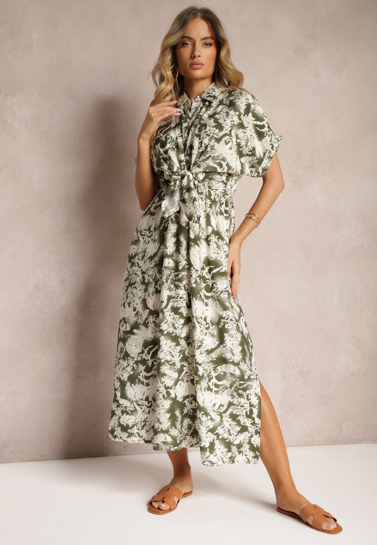 Rochie Verde-Albă Cambrată cu elastic în talie Nasilena