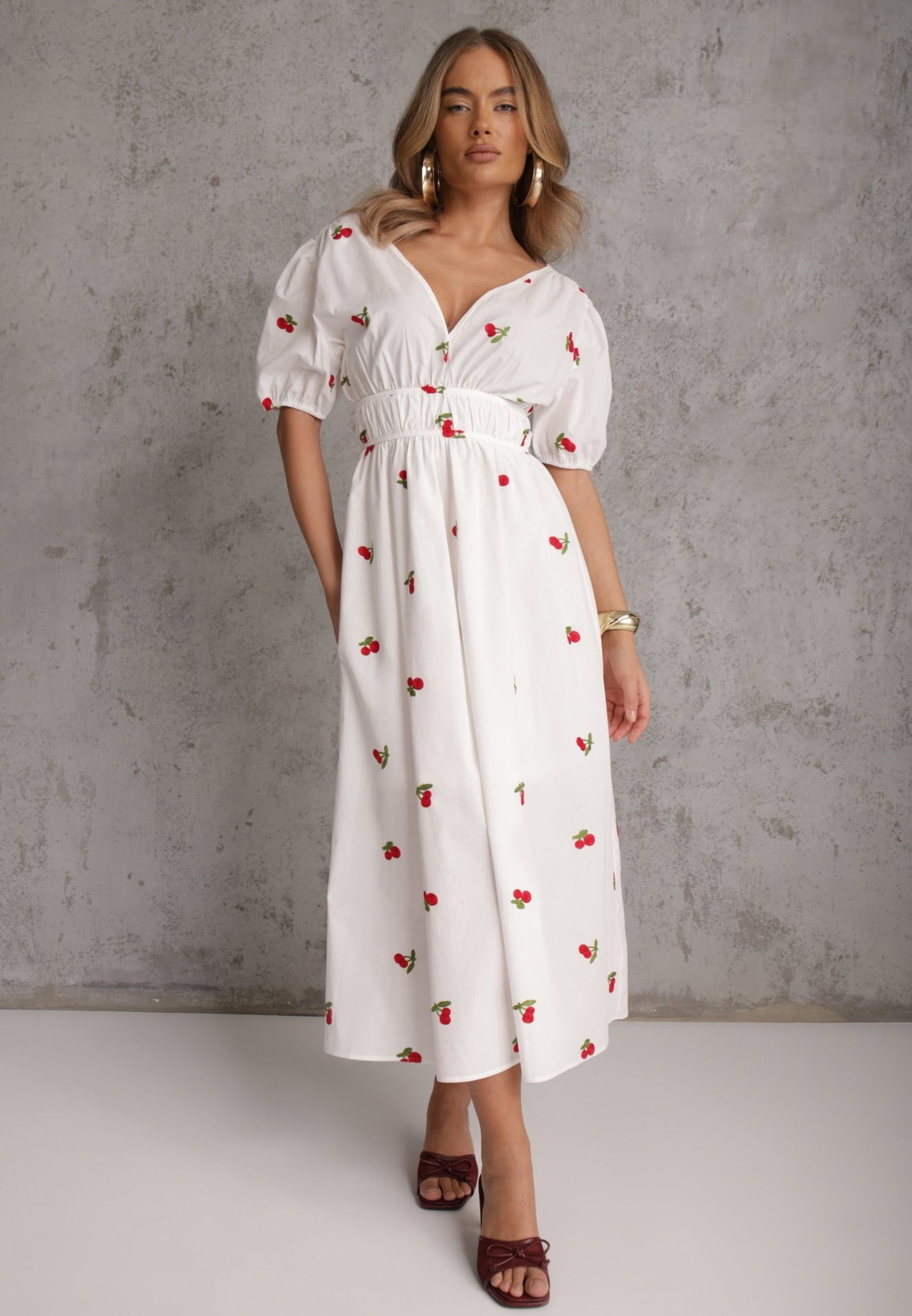 Rochie Albă Cloș De cocktail din bumbac cu elastic în talie și broderie cu cireșe Vimasina