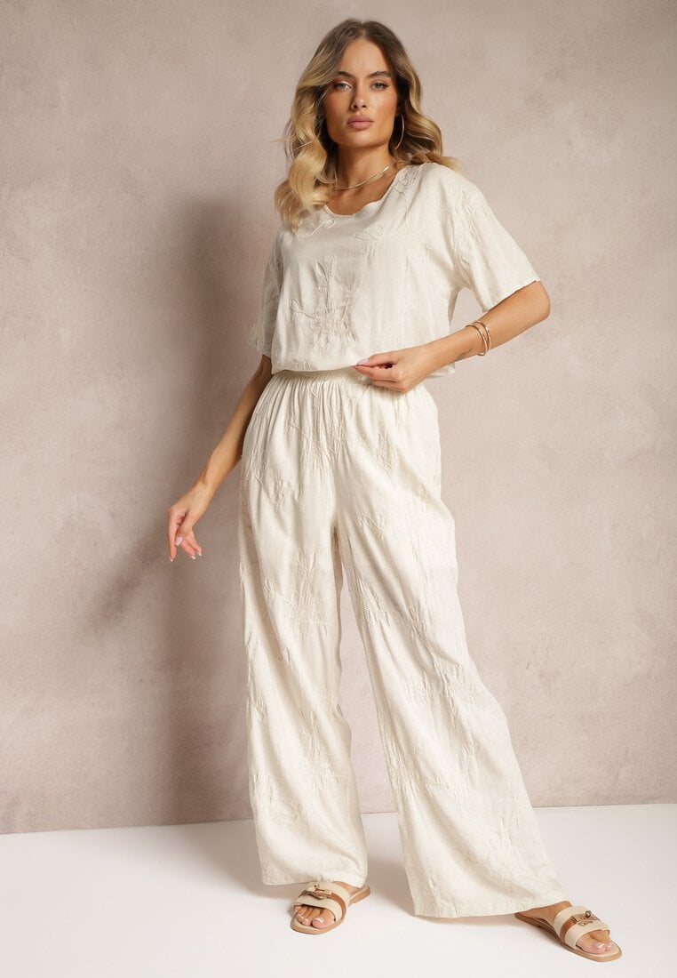 Set Bej cu flori brodate, Tricou Lejer și Pantaloni Drepti Namselin