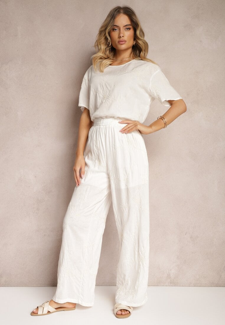 Set Alb cu Flori Brodate Tricou Larg și Pantaloni Drepti Namselin