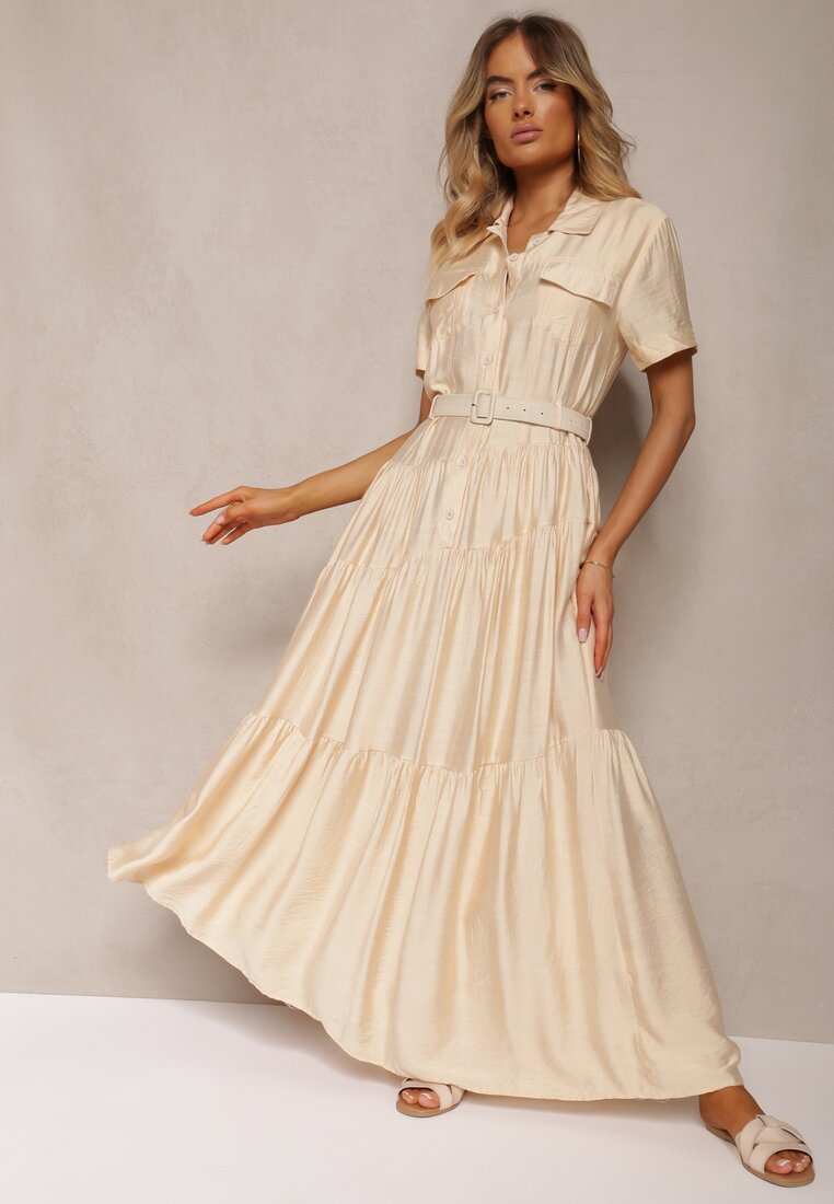 Rochie bej evazată cu curea în talie Vimalise