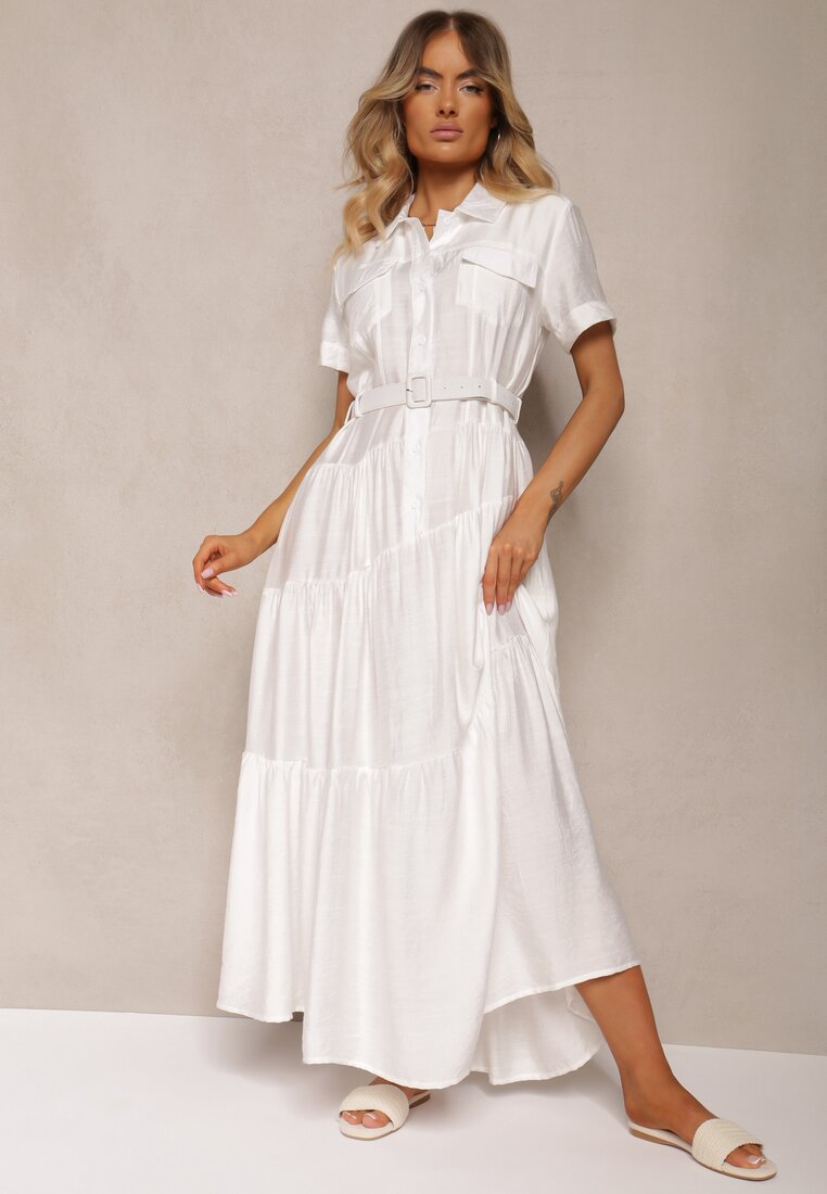 Rochie Cloș Albă cu Centură în Talie Vimalise