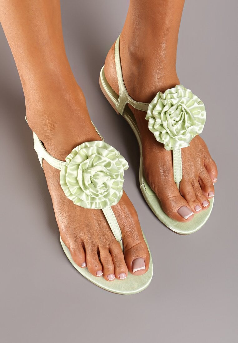 Sandale Verzi stil Japoneze cu Talpă Plată cu Floare Gandrea