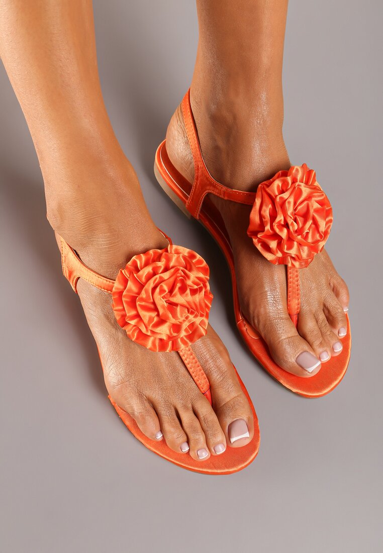 Sandale Portocalii în Stil Japonez cu Talpă Plată cu Floare Gandrea