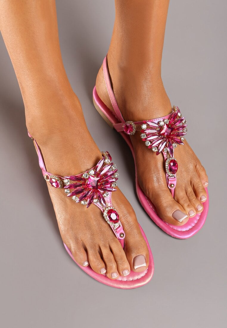 Sandale Fucsia cu talpă plată stil japonez cu zirconii irizate Mandrea