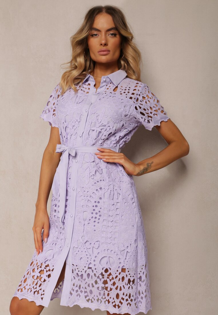 Rochie tip cămașă Midi Violetă cu broderie ajurată Tatrasi