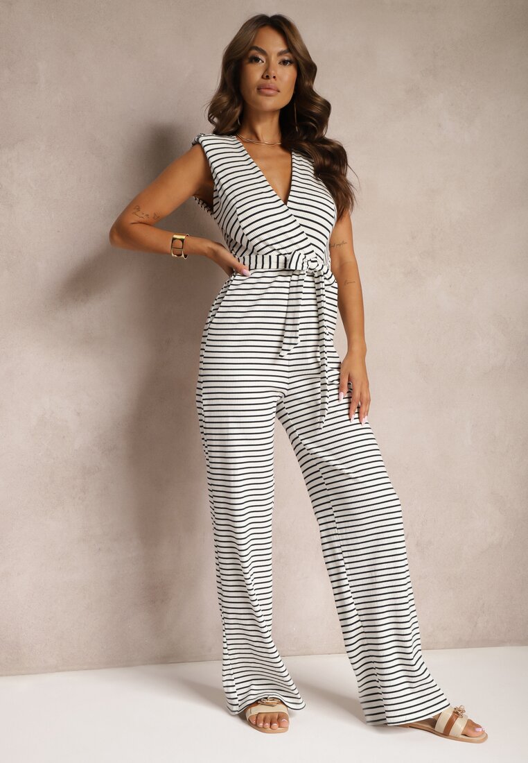 Salopetă Cambrată Alb-Negru cu Decolteu Petrecut Legat in Talie Rivatharia