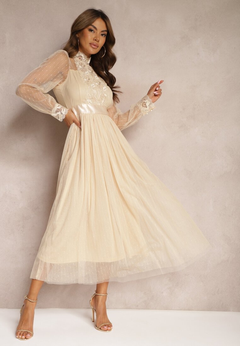 Rochie Bej deschis Din plasă Maxi Cu croi evazat Cu dantelă decorativă Narile