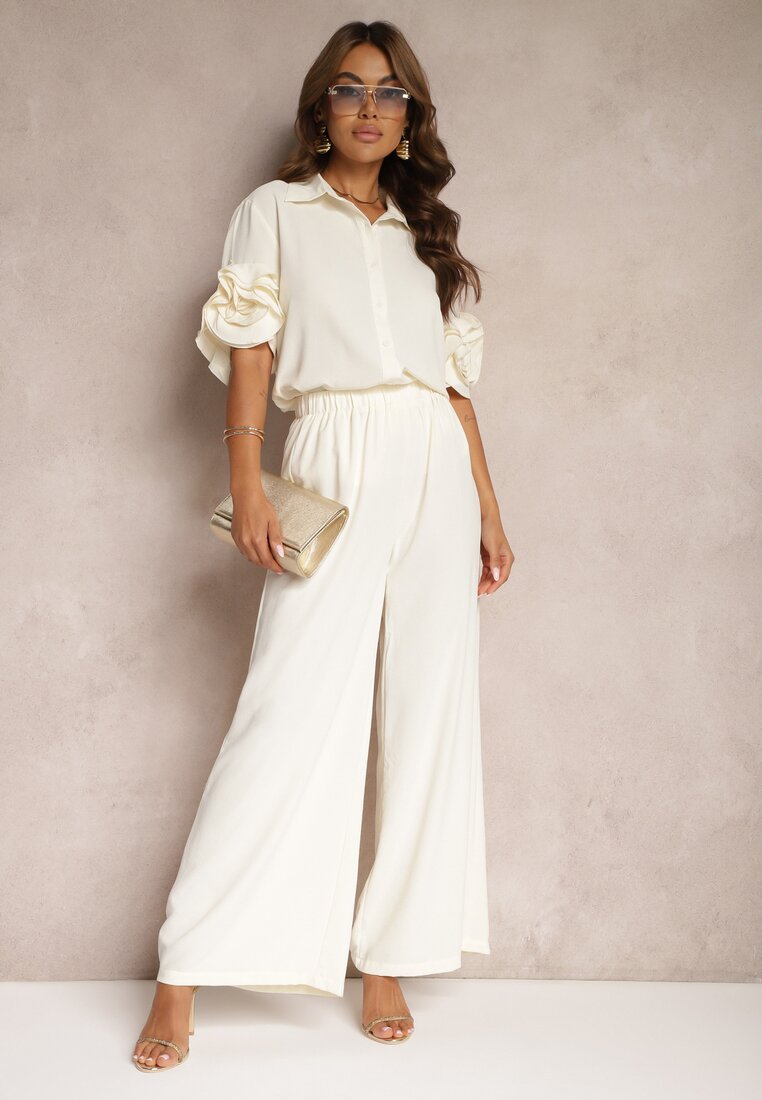 Set Bej Pantaloni Largi și Cămașă cu Volane Rivathins