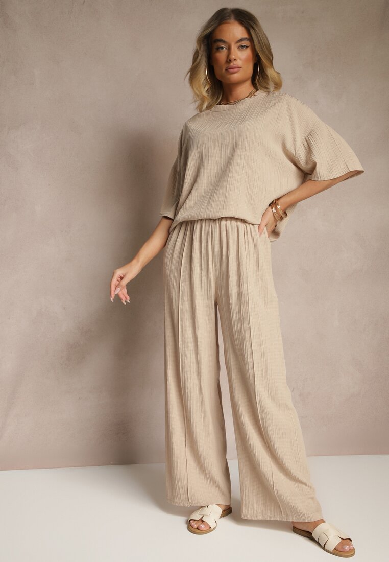 Compleu Bej Oversize cu Bluză și Pantaloni Lungi cu Elastic în Talie Urinivia