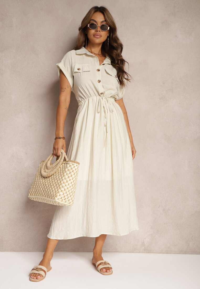 Rochie Bej din Vâscoză cu Croi Evazat, cu Elastic în Talie și Capse Memvia