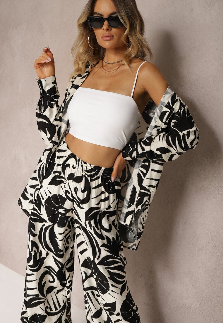 Compleu Negru-Alb din 2 piese din viscoză Cămașă cu mânecă lungă și Pantaloni largi Yiseria