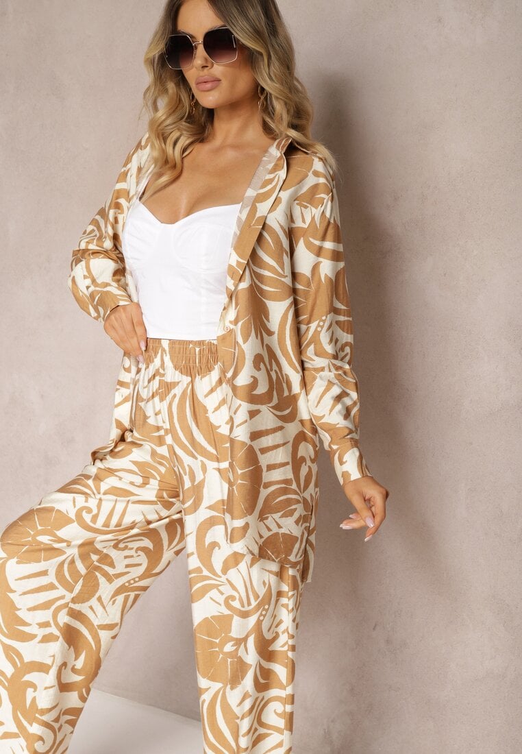 Set Din 2 piese Bej din Viscoză Cămașă cu mânecă lungă și Pantaloni largi Yiseria