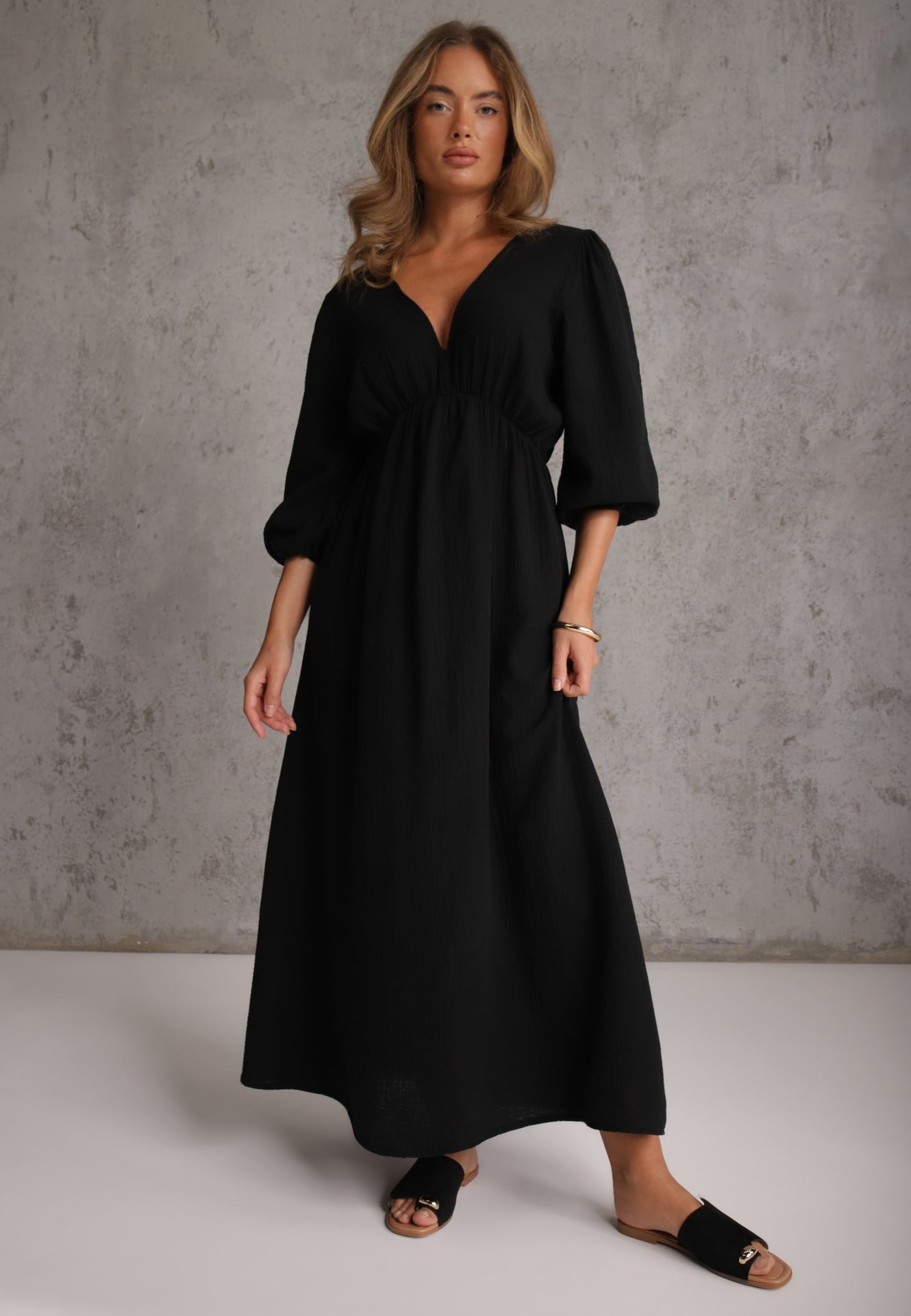 Rochie Neagră din Bumbac Decorată cu Legătură și Elastic în Talie Wlarina