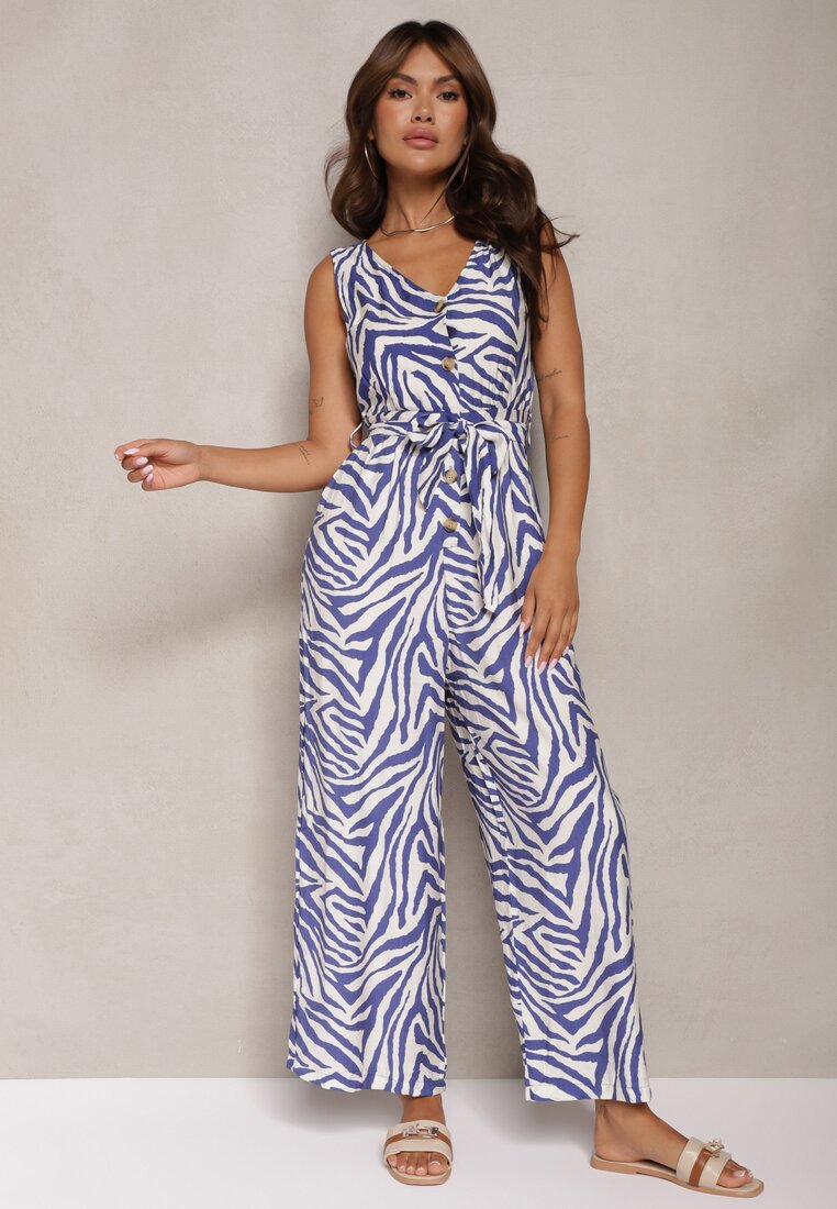 Salopetă Albastră din Viscoză cu elastic în talie cu nasturi și cu curea legată Davivia