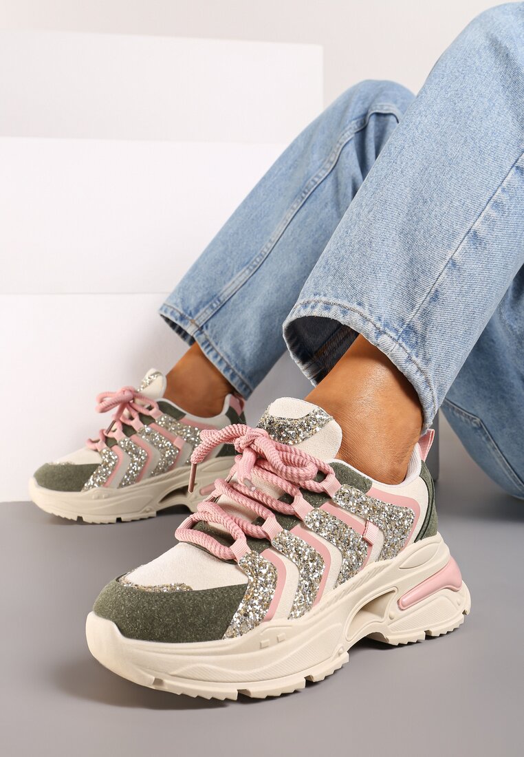 Adidași Bej-Verzi cu șireturi, cu platformă și sclipici Ewla