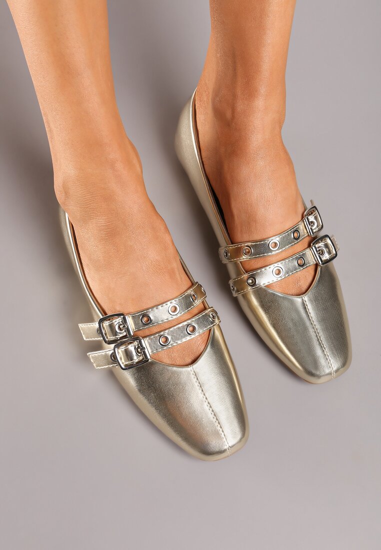 Balerini Aurii pe Talpă Plată Decorate cu Curele cu Reglare Moradea