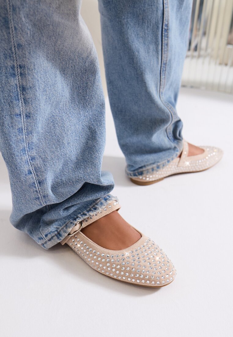 Balerine Bej cu Talpă Plată Decorate cu Zirconii și Baretă Reglabilă Nenivia