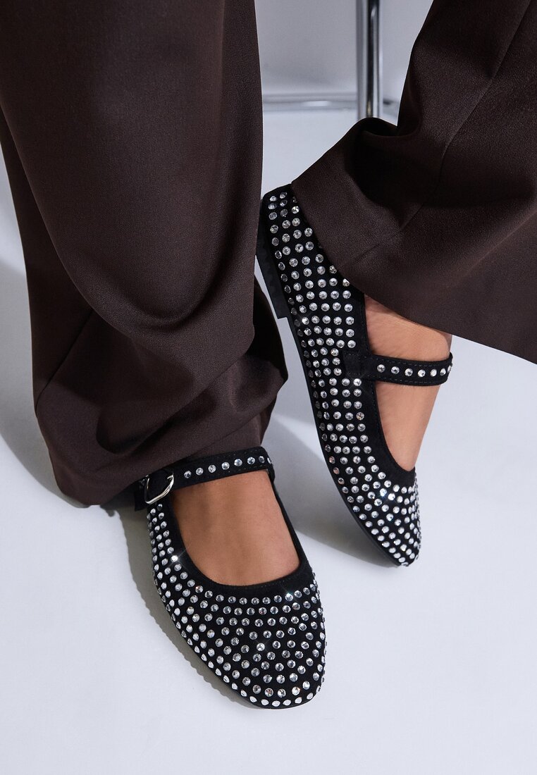 Balerini negri cu talpă plată decorați cu zirconii și cu o curea reglabilă Nenivia