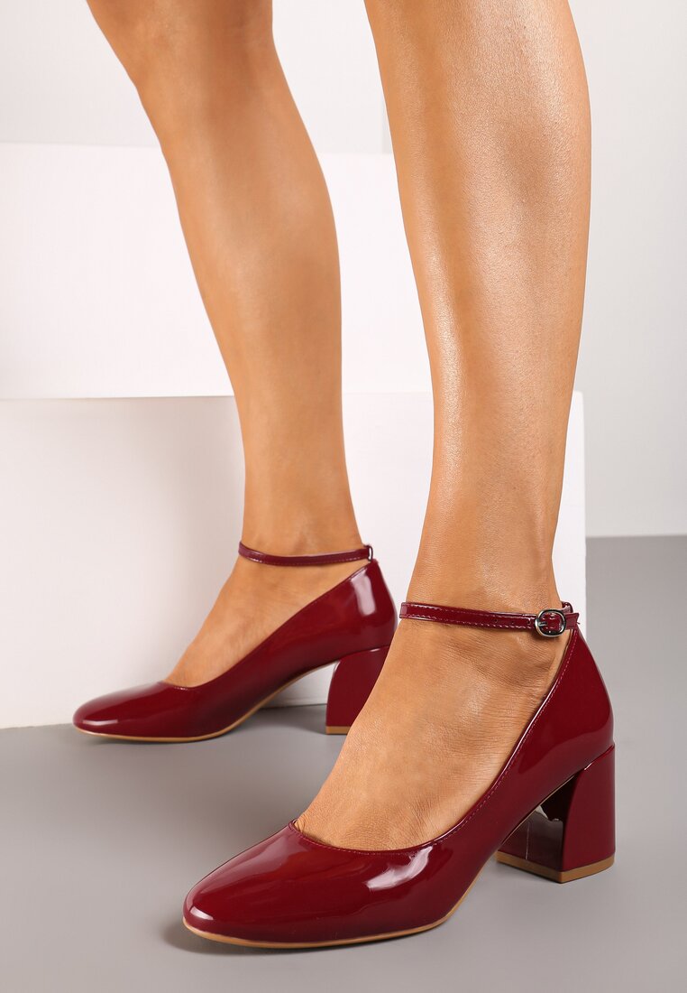 Pantofi cu toc Bordo Lăcuiți cu toc bloc cu bareta la gleznă Dlitara
