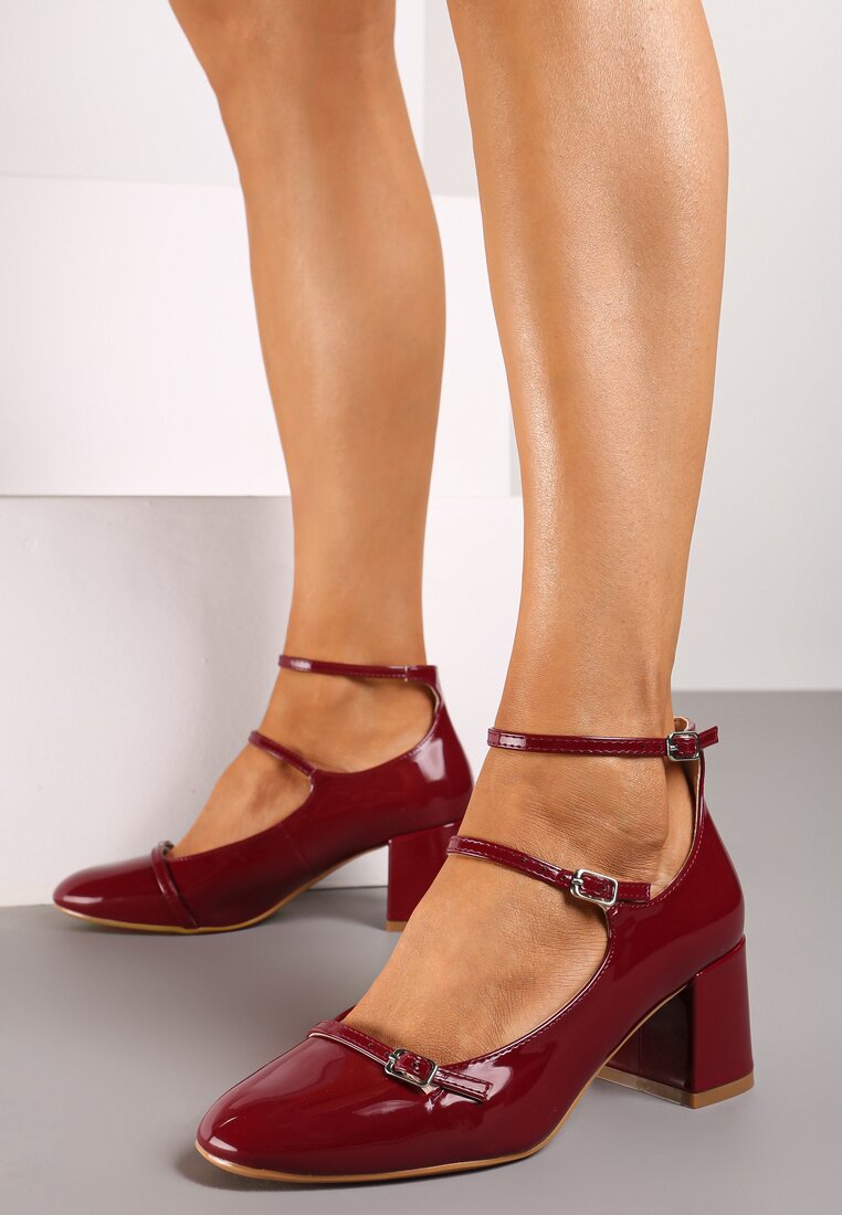 Pantofi Bordeaux Lăcuiți cu toc gros Decorați cu barete cu catarame Dlivina