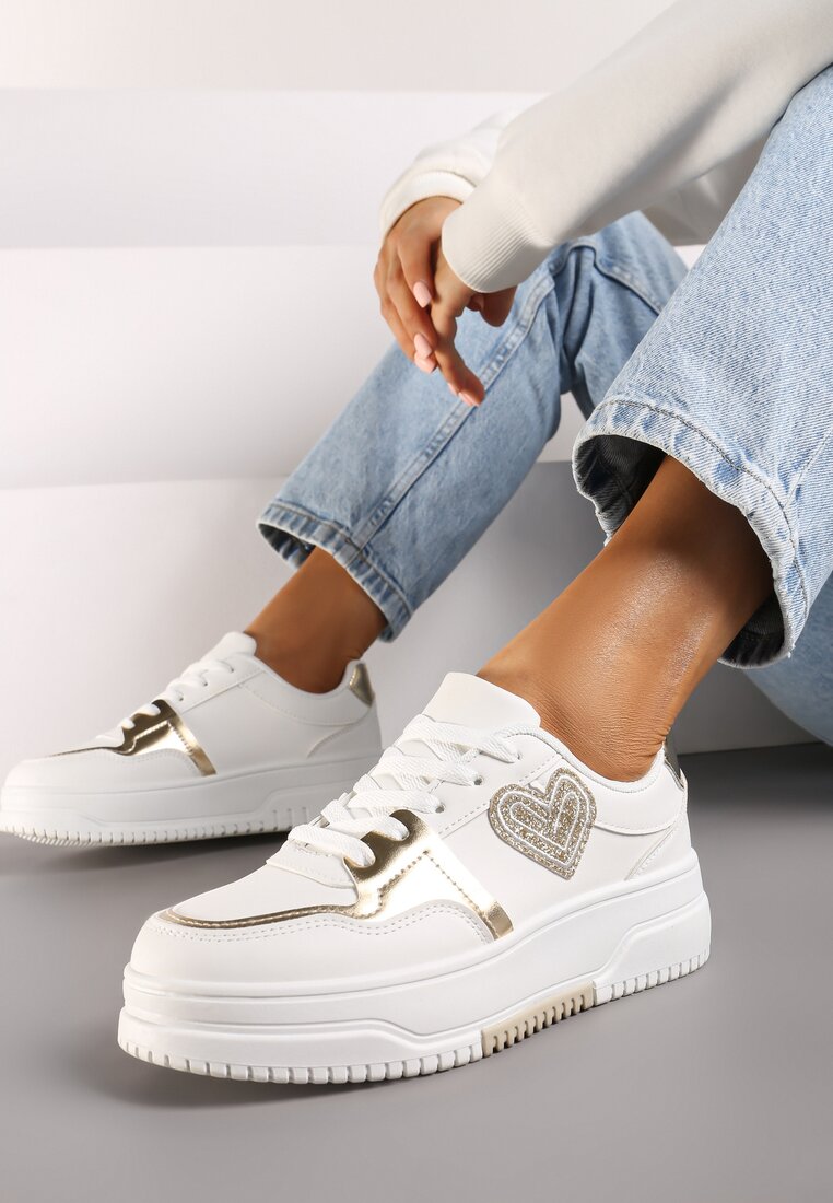 Sneakers Albi cu Aplicație cu Sclipici în formă de Inimă Avioneria