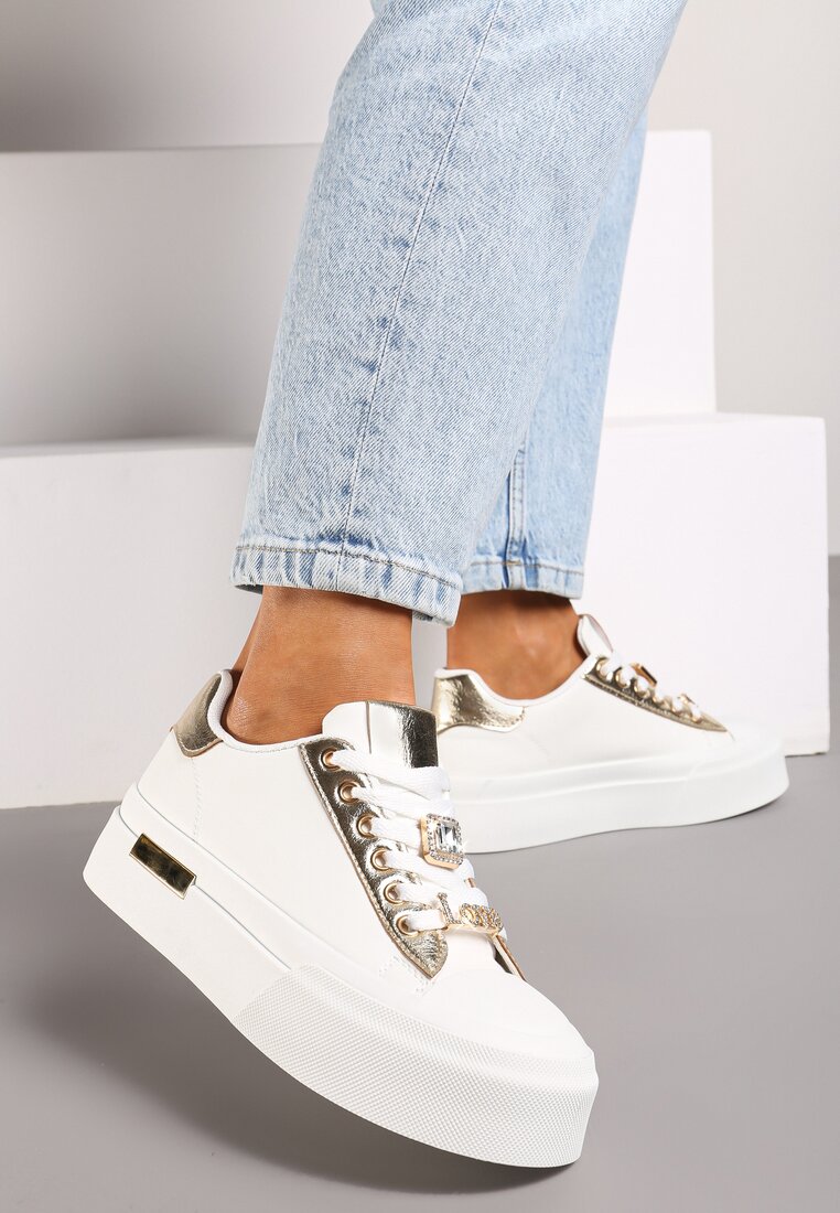 Adidași Casual Albi cu platformă, decorați cu zirconii și inserții metalice