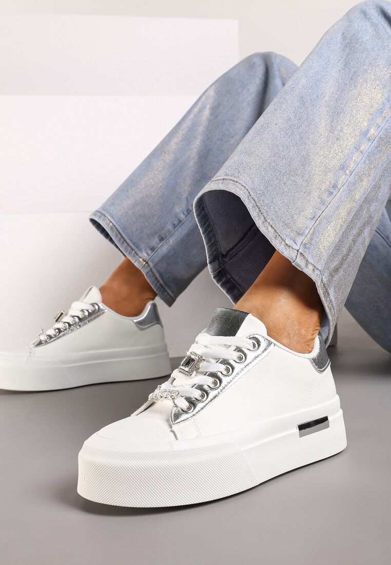 Adidași Casual Alb-Argintii cu platformă, decorați cu zirconii și inserții metalice Primaria