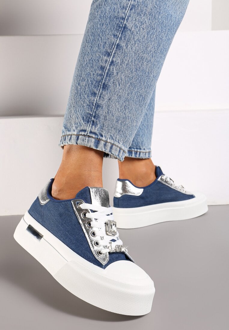 Adidași Albaștri Casual pe Platformă decorați cu Zirconii și Inserții Metalice Primaria