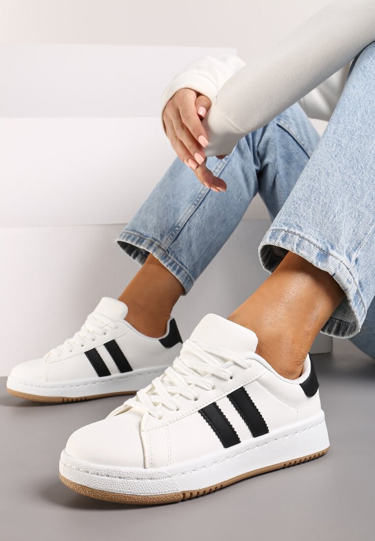 Sneakers Albi pe Talpă Plată Decorați cu Dungi Contrastante Navisella