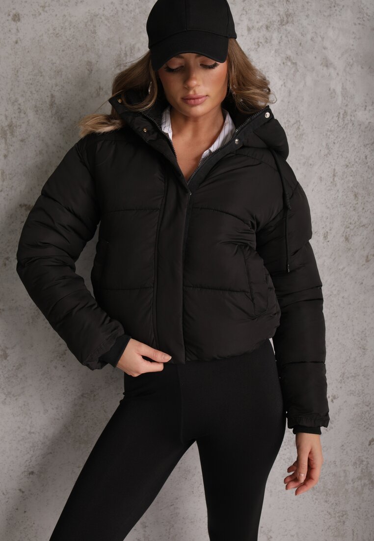 Jachetă Neagră Matlasată Puffer cu Glugă Mivvia