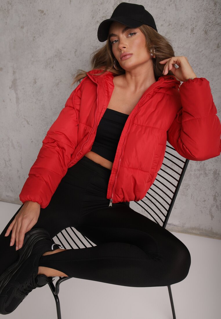Jachetă Roșie Matlasată Cu Glugă Aviator