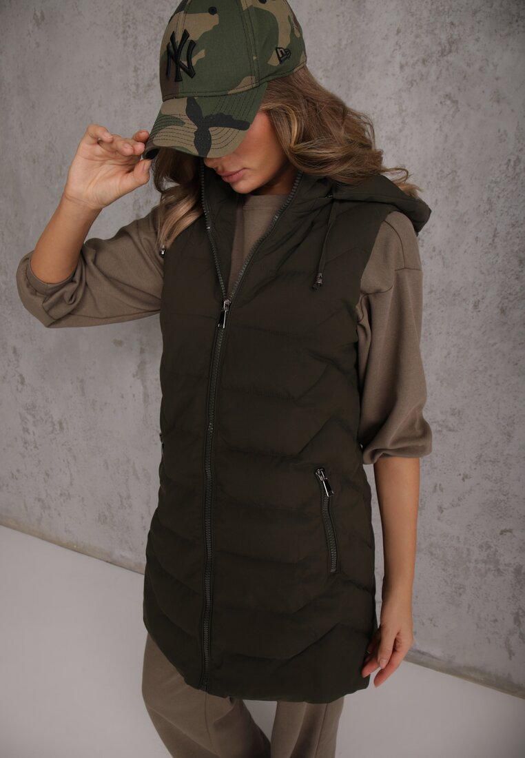 Vestă Matlasată Verde închis Cu fermoar Cu glugă și șnururi Finaria