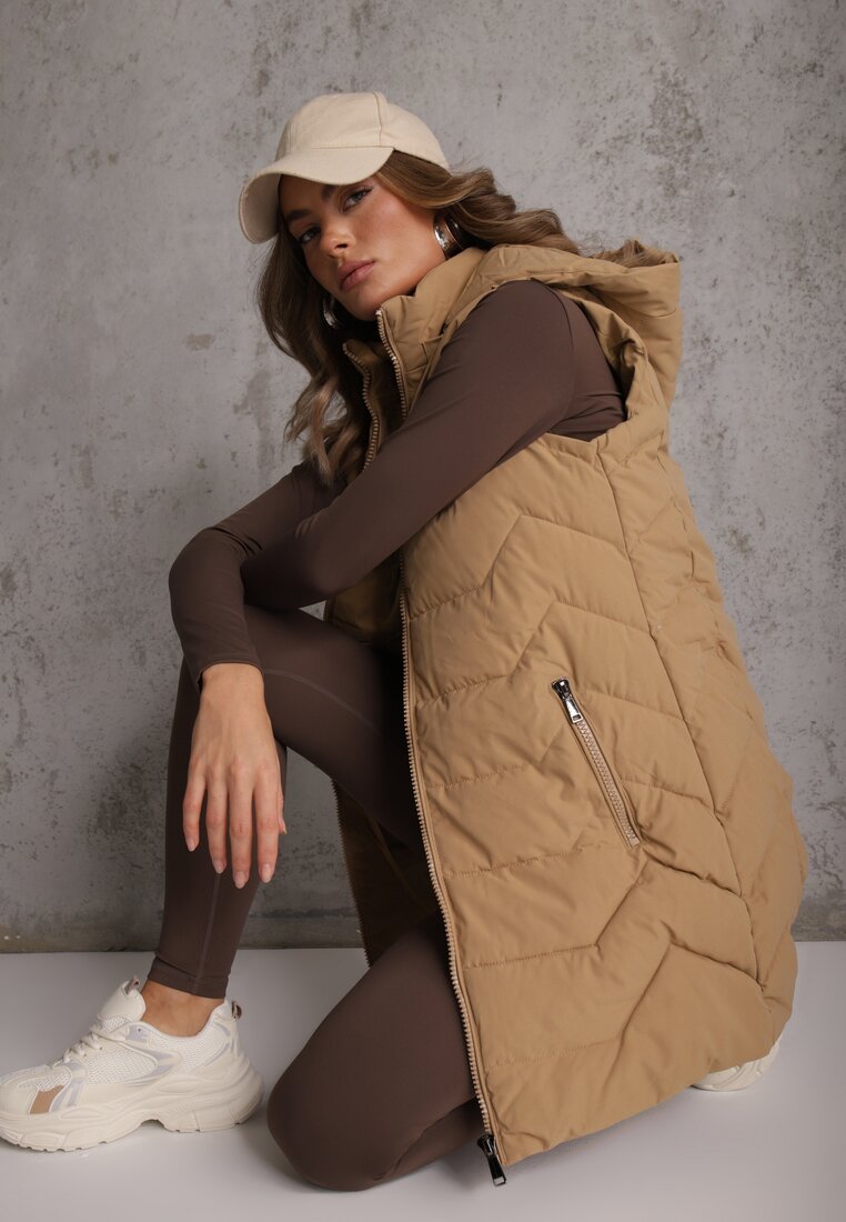 Vestă Bej deschis Matlasată cu fermoar cu glugă și șnururi Finaria