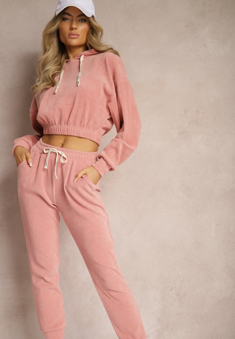 Compleu de trening Roz cu adaos de bumbac, Pantaloni cu elastic in talie și Bluză cu glugă Hasaria