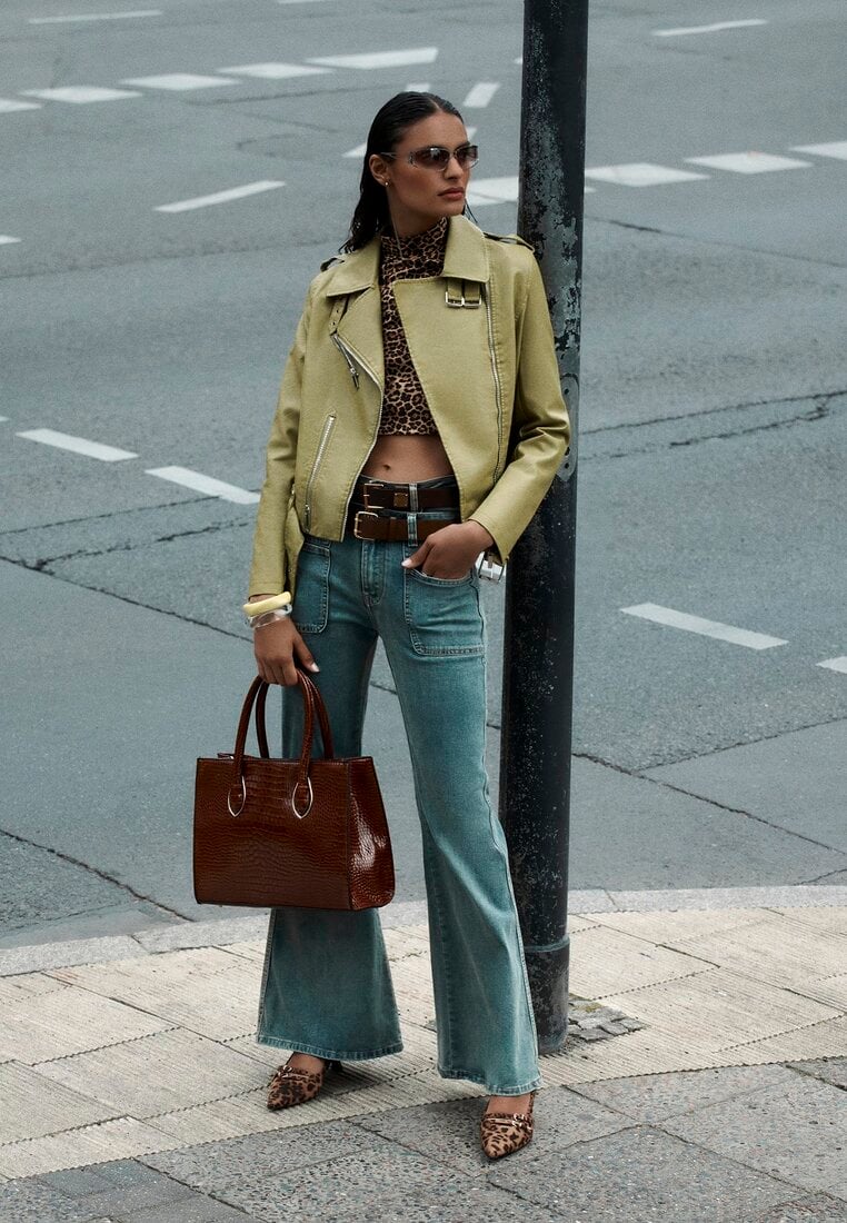 Blugi Albastru deschis din bumbac evazați Talie înaltă cu curea și buzunare decorative Mevalia