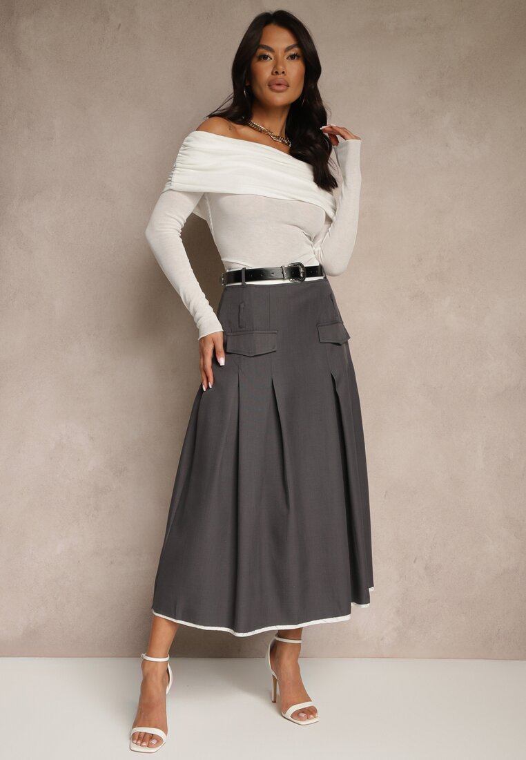 Fustă Gri High Waist cu Pliuri Finisată cu Imitație Buzunare și Curea Evilenes