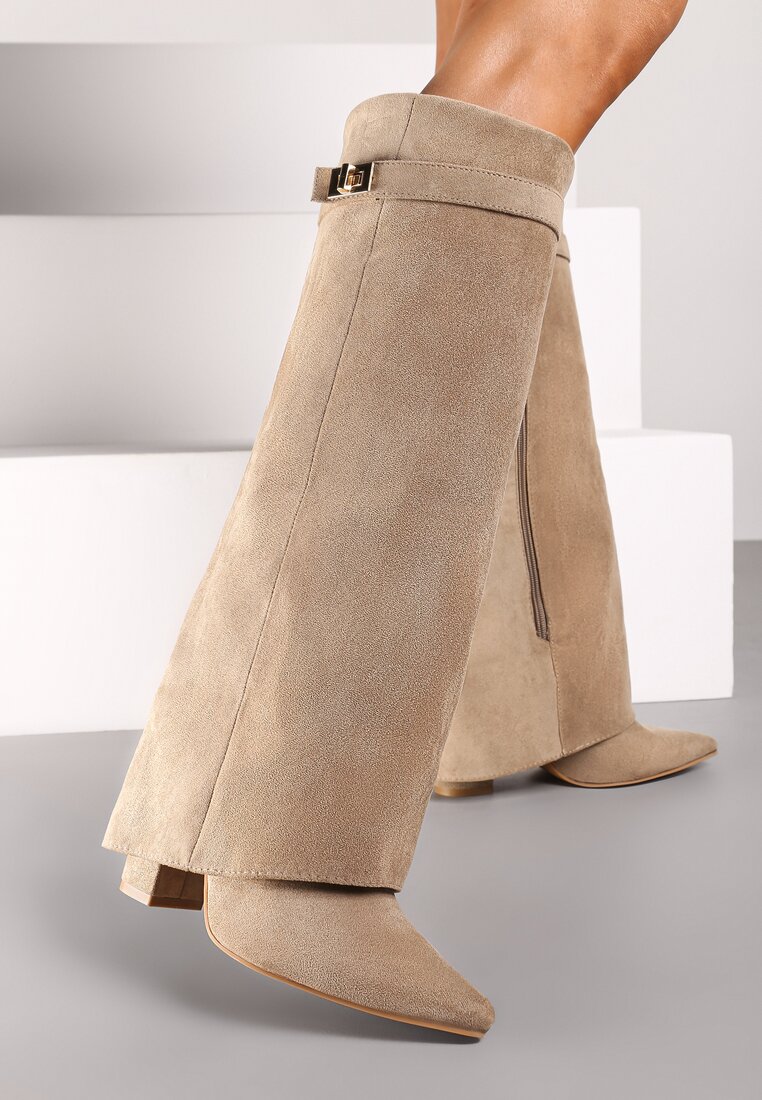Cizme Bej închis cu toc bloc cu carâmb răsfrânt și cataramă Upaxa