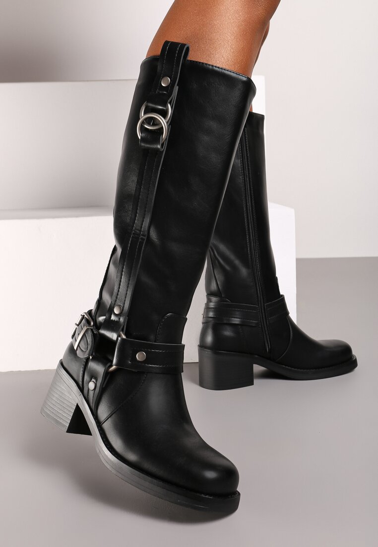 Cizme Negre cu toc bloc Stil biker cu Catarame Velarisea