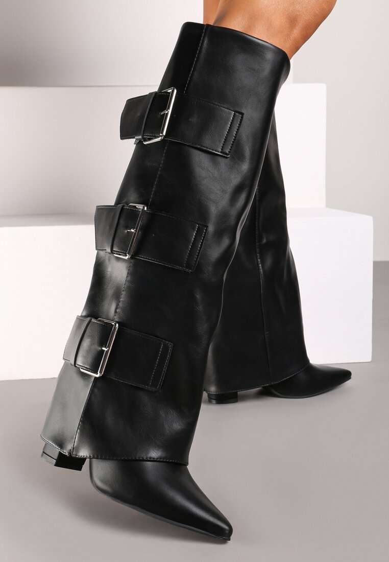 Cizme Negre Rock cu toc bloc cu carâmb răsfrânt Finisate cu catarame Navlaya